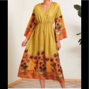 Sunflower Print Half Button A line dress